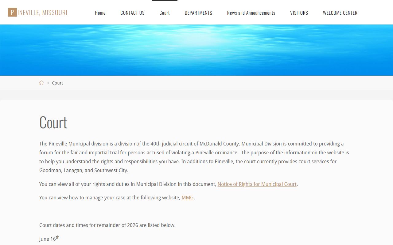 McDonald County court dockets Pineville Municipal Court page