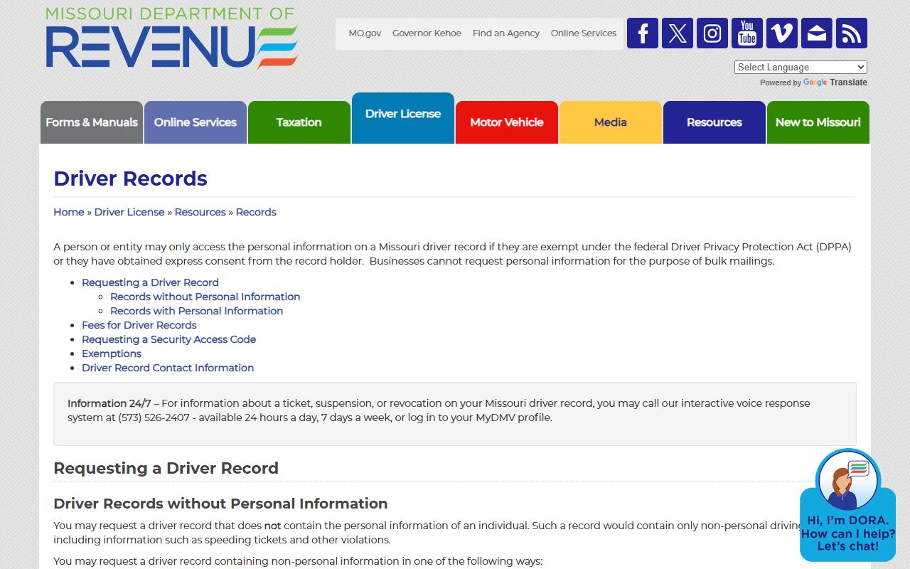 McDonald County traffic court records Missouri DOR driver record page